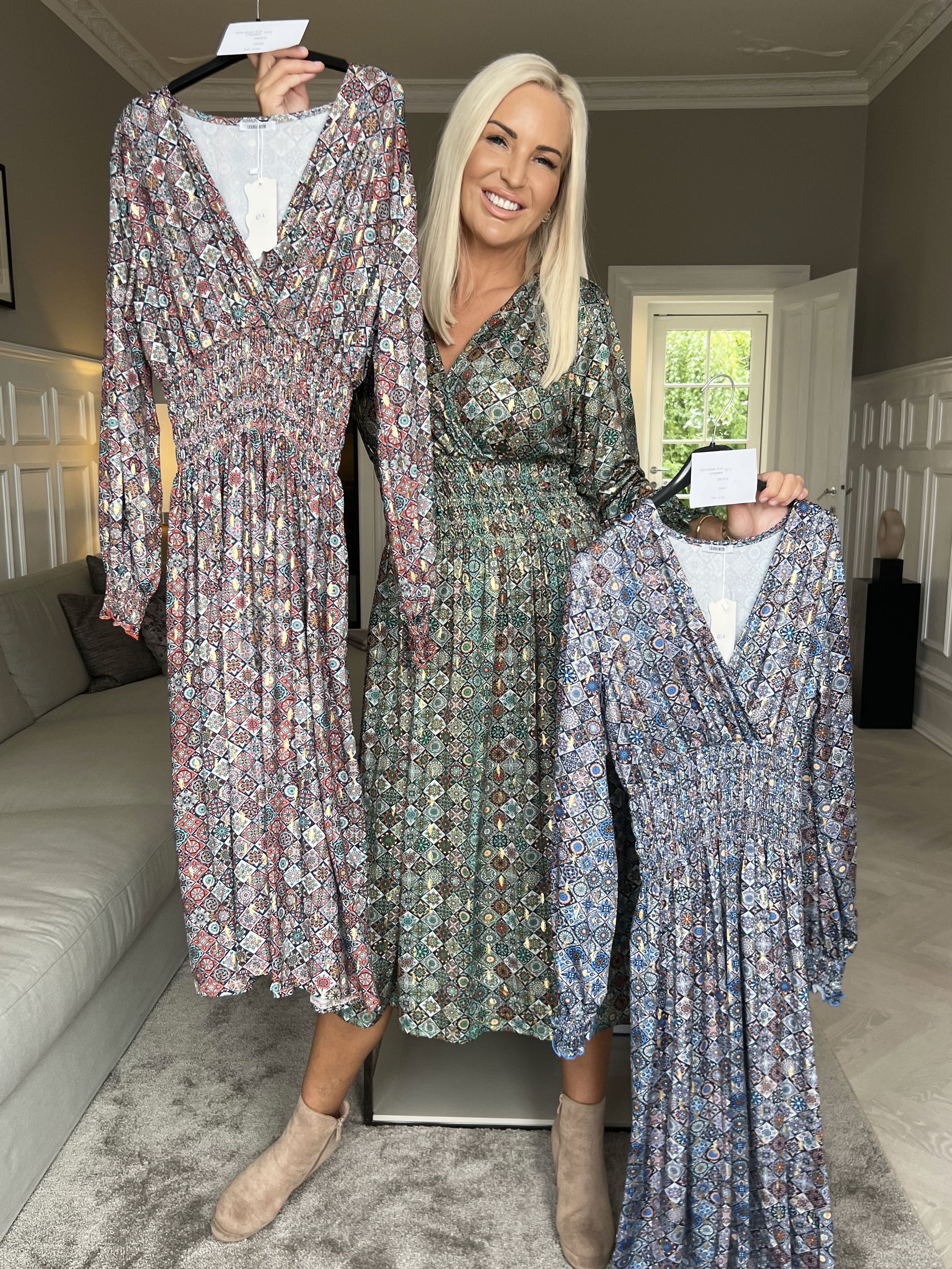 Pams Mosaic Midi L/S - Elastisk kjole i krølfrit stof med lange ærmer